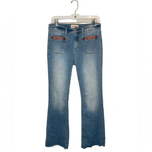 Driftwood Isabel Embroidered Jeans Light Wash Flare Raw Hem Boho-Chic Size 28